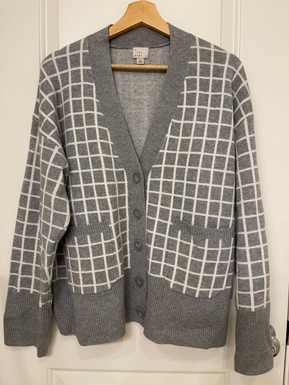 a new day Gray and White Grid Button-Front Cardigan